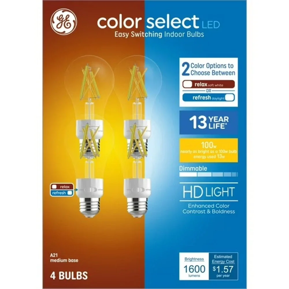 GE Color Select LED Light Bulbs, 100 Watt, A21 Bulbs, Medium‎ Base, 4pk